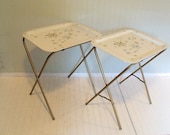 Vintage Metal Tray Tables Set of 2 - Retro Hand Painted ToleWare Collection - BoHo Bistro Service - DivineOrders