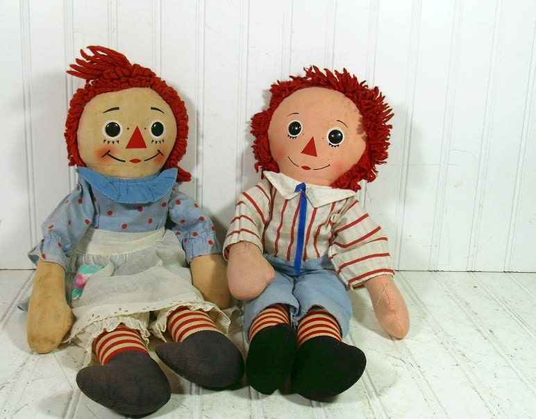 Rescued Raggedy Ann & Andy Set - Vintage Cotton Stuffed Knickerbocker Dolls - Ultra Shabby Chic - BoHo Babies