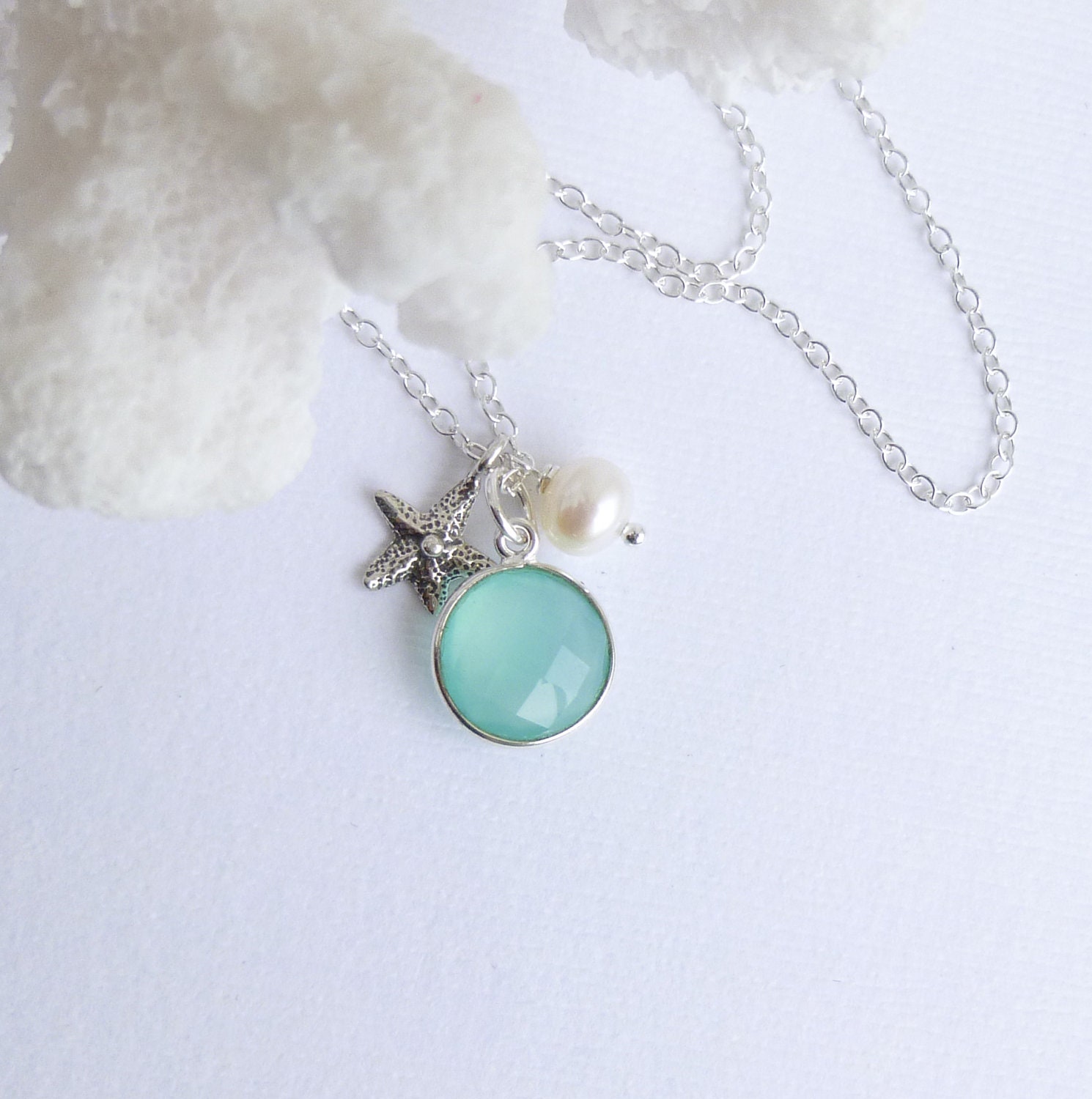 Sterling Silver Framed Sea Green Chalcedony Stone with Sterling Starfish and Pearl Necklace -- Bezel Aqua Stone