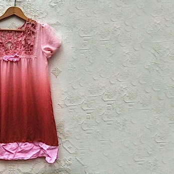 ombre Pink tunic winter upcycled vintage linen handmade roses hand dyed, lace gypsy boho top