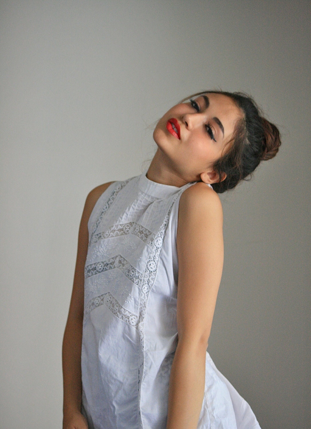 60s White Sheer Crochet Tunic or Dress. Blouse with Buttons in Back.
