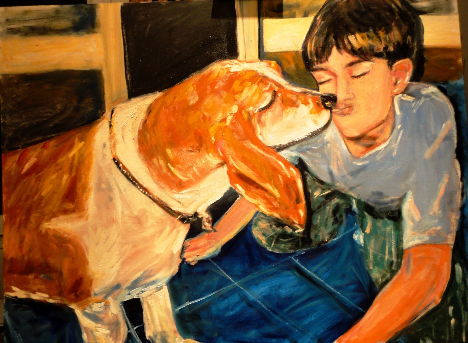 A Boy and His Dog Sharing a Moment  30x40 Original Painting by Marlene Kurland Example/Not For Sale