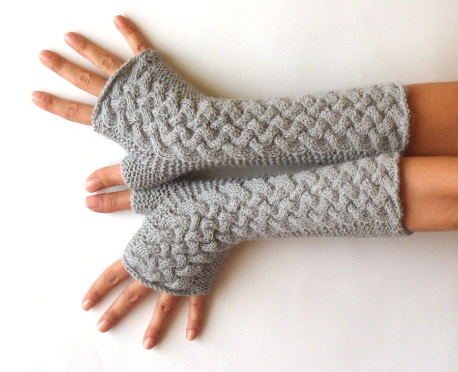 Wool Fingerless Mittens Gray Fingerless Gloves Grey Arm Warmers Warm Women's Hand Warmers Double Cable Fingerless Gloves - KG0026 -Aimarro