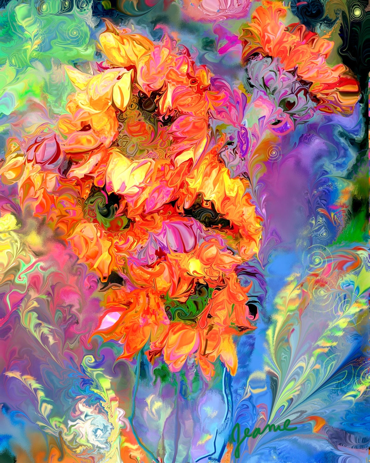 Sunflowers brighten your room. Yellow, orange, blue, green, violet, red. Dancing vibrant colors.
