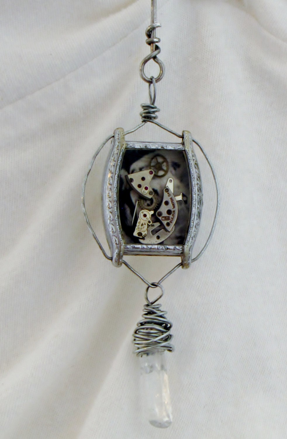 On Sale - The Infernal Devices Inspired Statement Necklace - Mixed Media Steampunk, Wire Wrapped Links, Glass Crystal, Resin Pendant,