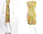 Vintage 1960s Shift Dress - 1960s Mod Dress - Paisley Print - Dress and Jacket - Linen - Size Small Medium