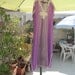 Linen Long Caftan Dress in Dusty-Violet, Trimmed with White Decorative Bands and Vertical Strips in Lilac, Blue, Green and Plum, Large