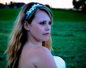 SALE Sculpted white lilac flowers, handstitched on lace, offwhite clay bridal headband