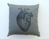 Anatomical Heart Illustration Throw Pillow 16 inch - Hand Screen Printed Black Heart
