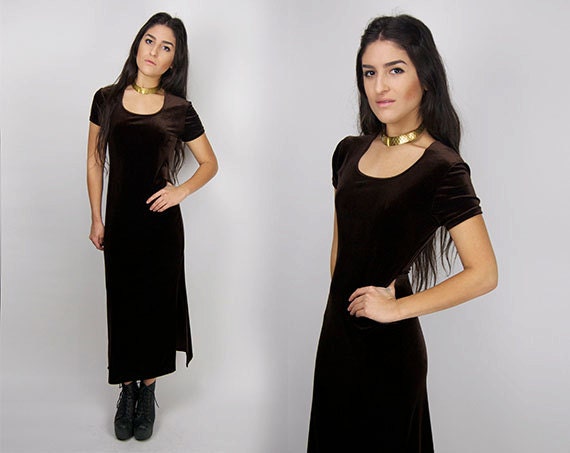 Vintage Chocolate Brown Body Hugging Velvet Maxi Side Slit Dress / Medium