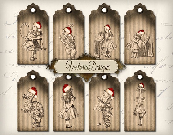 INSTANT DOWNLOAD Alice in Wonderland Christmas Tags Labels instant download printable images digital collage sheet 277