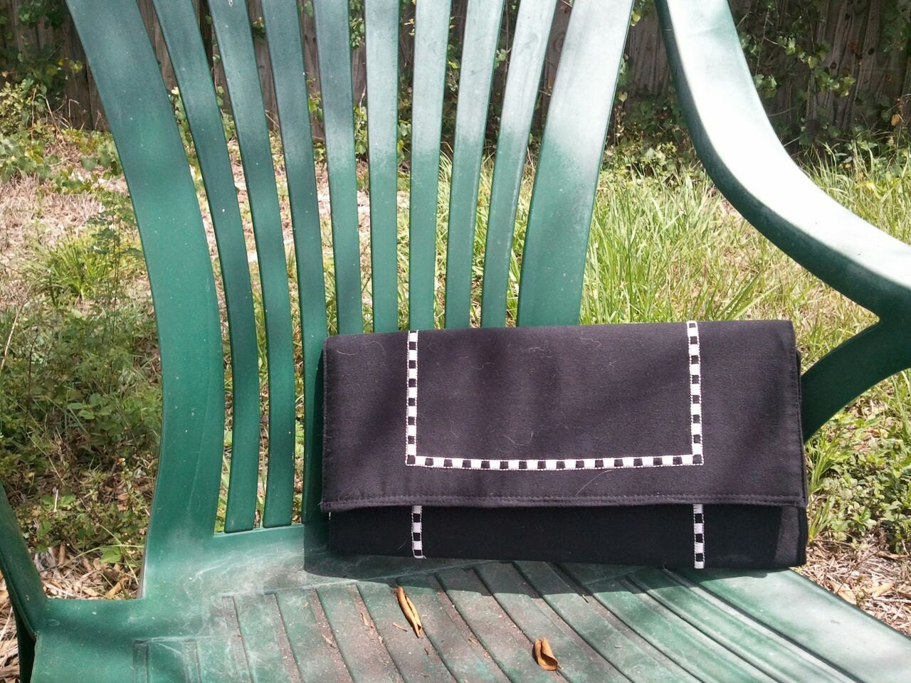 Upcycled Clutch Purse in Black Cotton with Black & White Embroidery Band