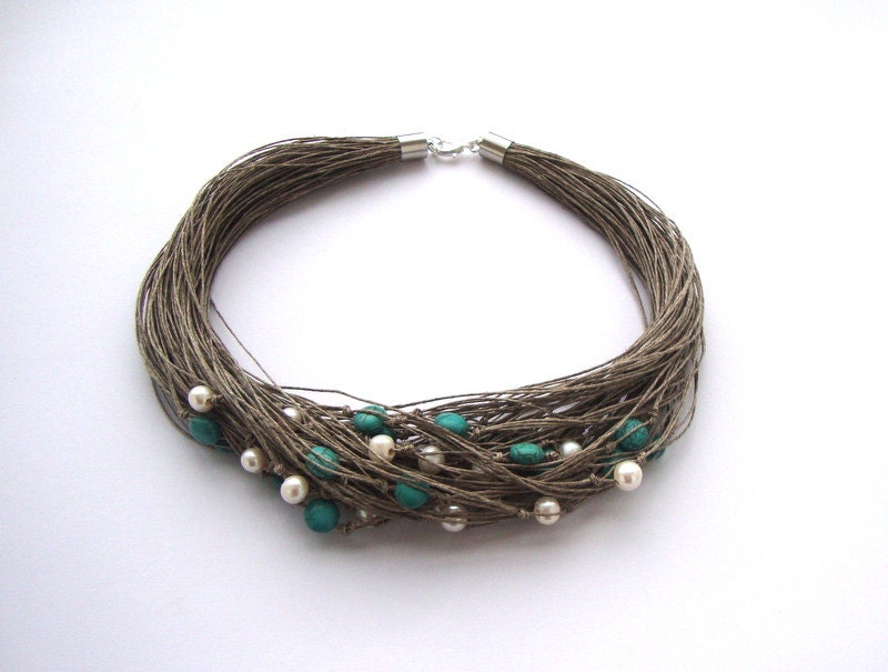 Multistrand linen necklace / pearls and turquoise howlite necklace / cord necklace