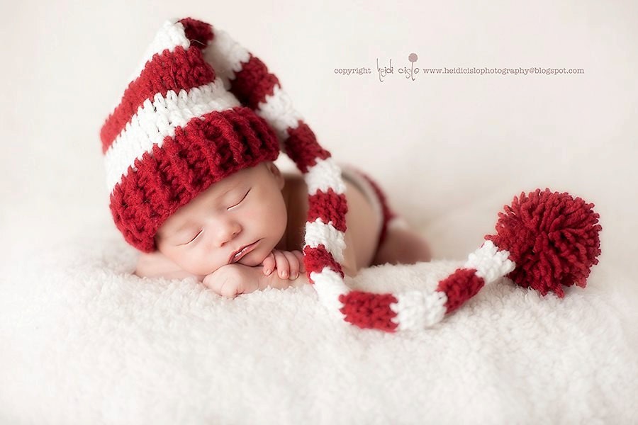 Newborn Santa Hat Striped Christmas Elf Hat Newborn Photography Prop Burgandy and White