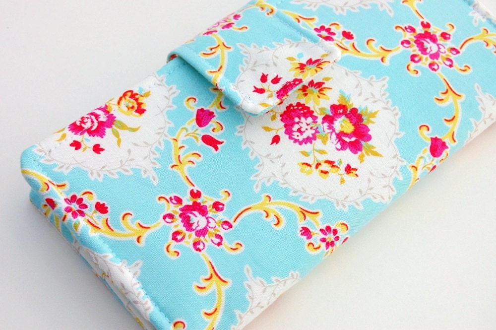 Happy Bifold Wallet - Smart Phone Clutch - Wristlet Option - Jennifer Paganelli Dance With Me in Turquoise
