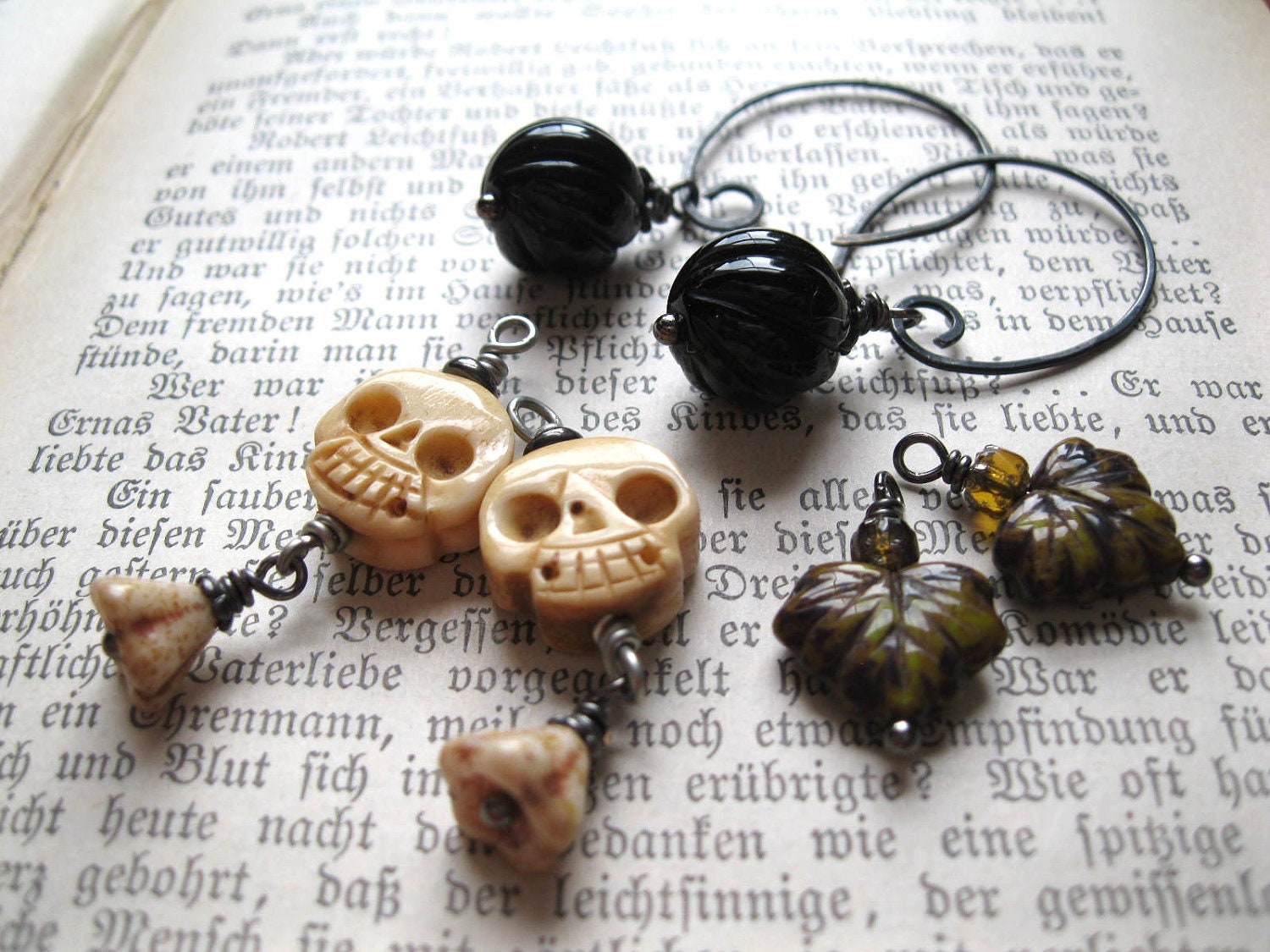 Dark Fairy Earring Wardrobe with Bone Skulls, Onyx, Leaves. Interchangealbe Gothic Earrings