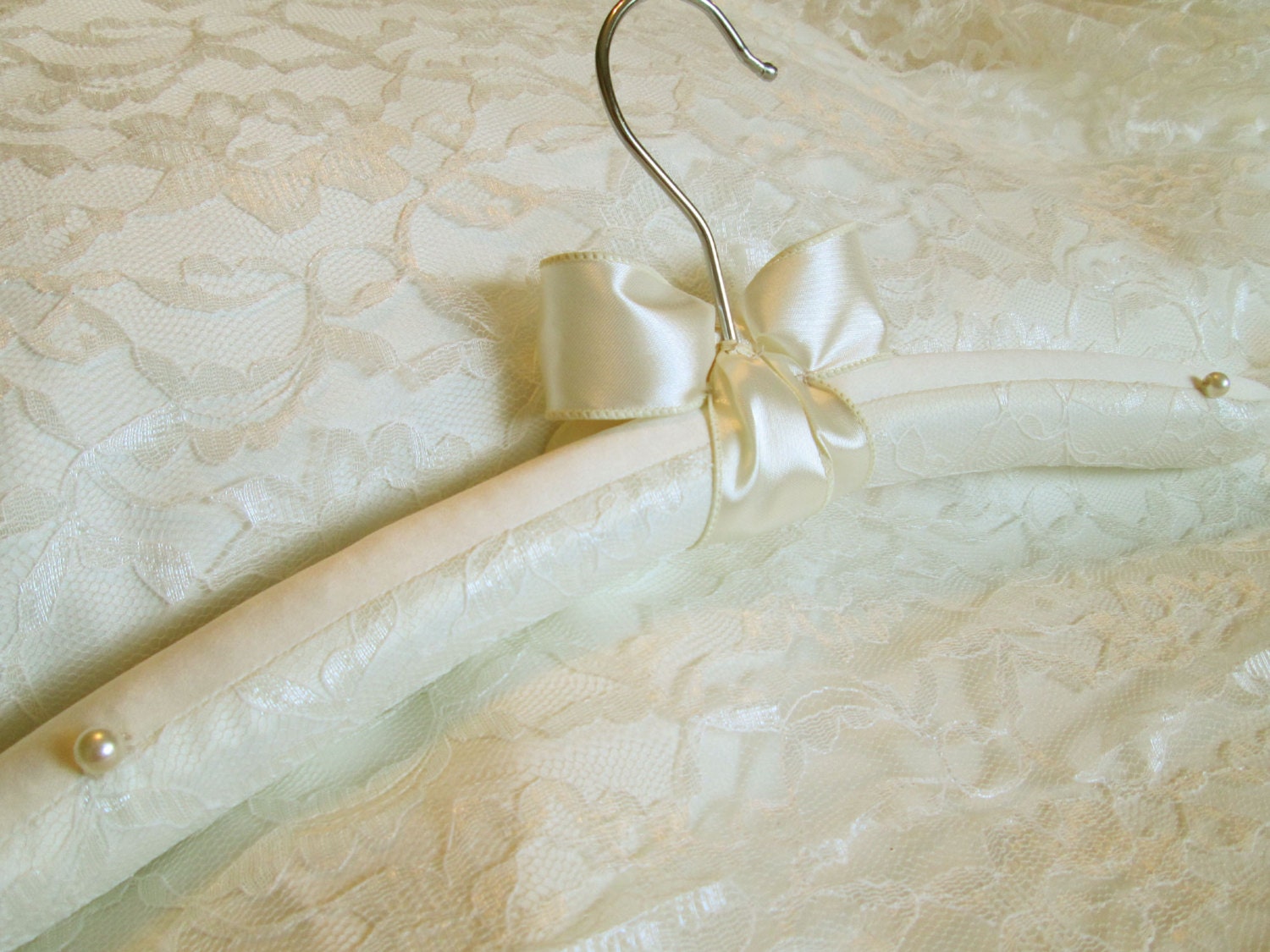 Embroidered Wedding Hanger in Ivory Cream Satin with Ivory Satin bow