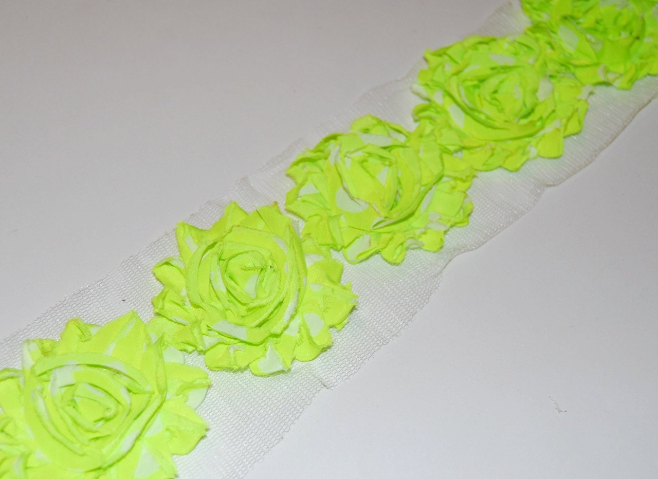 Neon Yellow Green   Zebra Print  Shabby Chic Frayed Vintage Chiffon Rosette Flower Trim   - 1/2 yard length with - approx. 7- 8 flowers