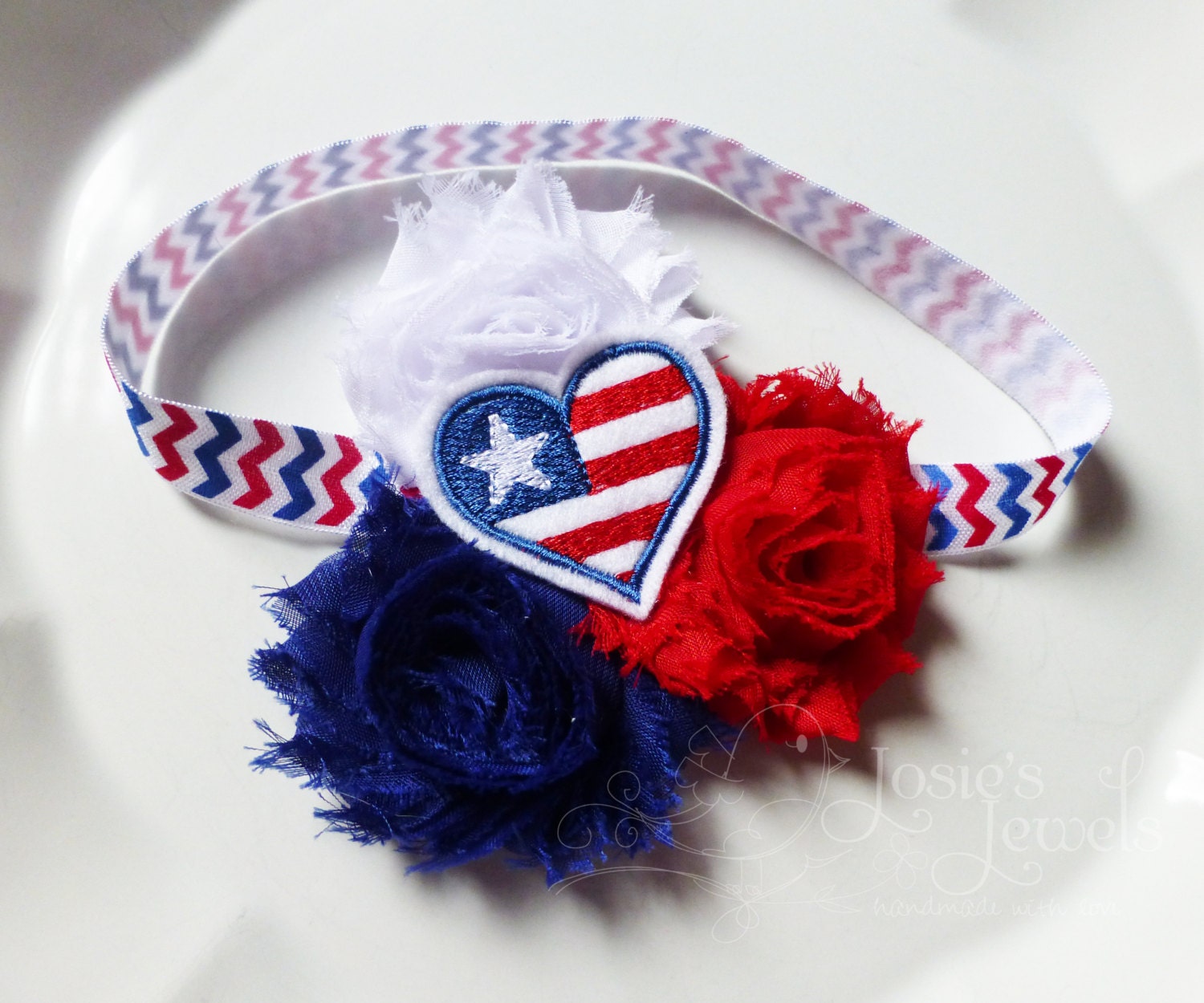 PATRIOTIC HEART Red, White & Blue Shabby Chic Rosette Infant Toddler Girls CHEVRON Headband