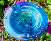 BIRD and BUTTERFLY Feeder, 18K Gold and Teal, Stained Glass, inscription, Garden Art, copper, housewares