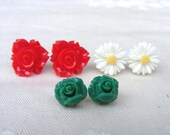 Green, red and white flowers  post stud set roses chrysanthemum mum sunflower forest garden