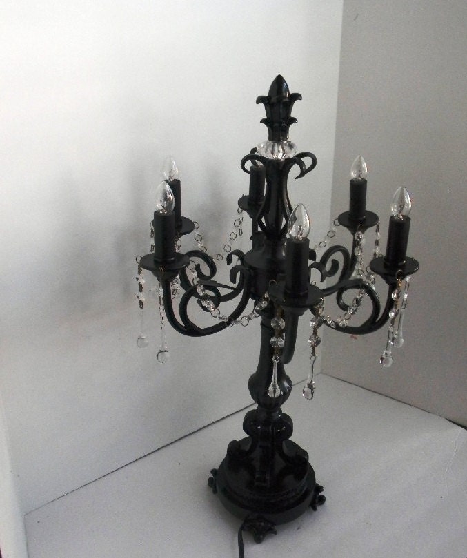 Upcycled Hollywood Regency Chandelier Lamp - French Country Apartment Table Chandelier - Gothic Black Lamp - Vintage Teardrop Glass