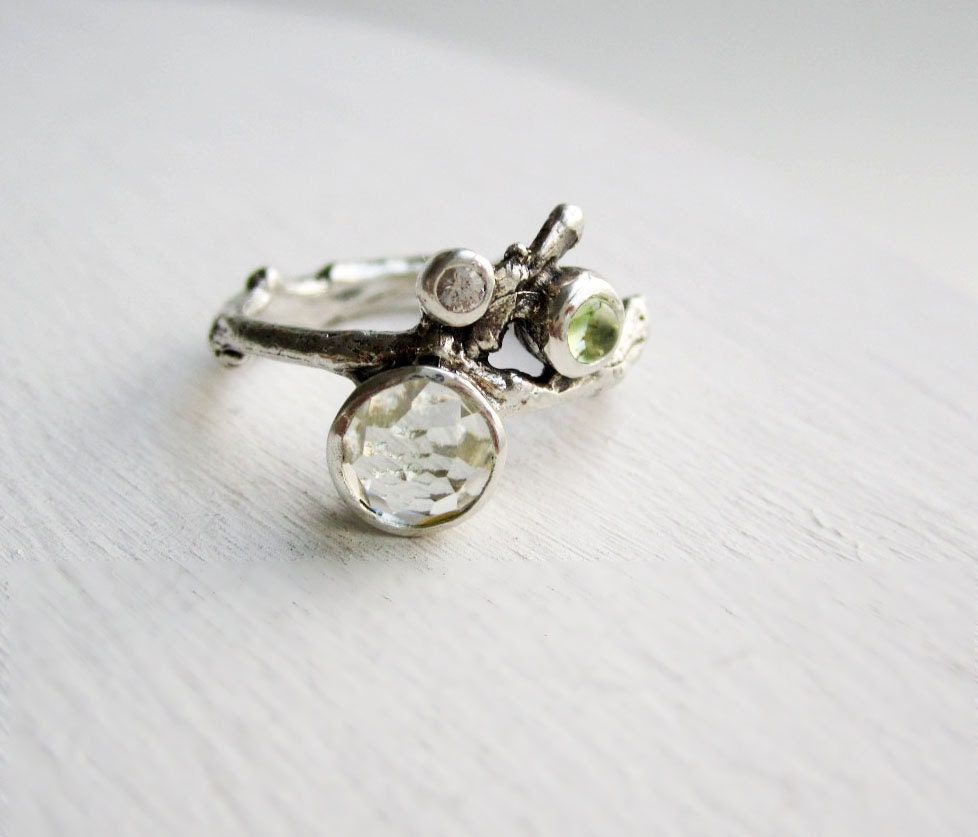 Green Amethyst, Peridot and White Sapphire, Silver Twig Ring