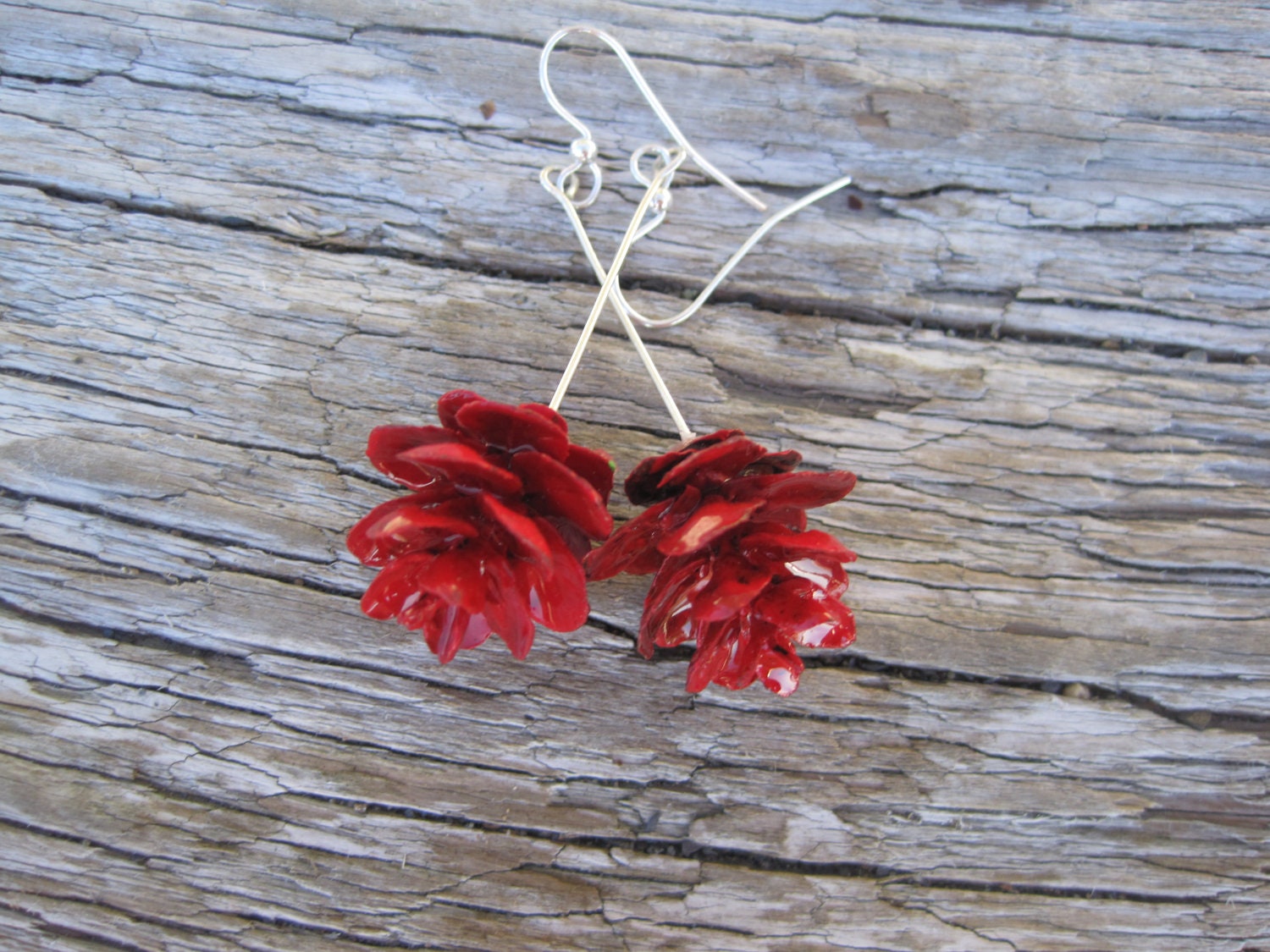 Red Hemlock Pine Cone Earrings