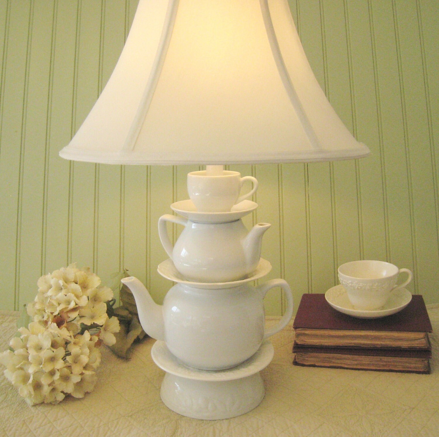 Teapot Lamp White Stacked Teapots Embossed Tea by ThistleandJug