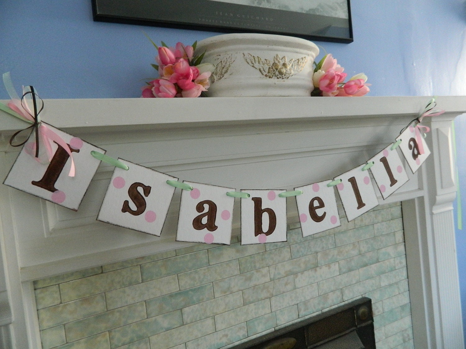 Childrens NAME POLKA DOT 8 to 10 letters Baby Shower Decoration Birthday Banner Photo Prop You Pick the Colors