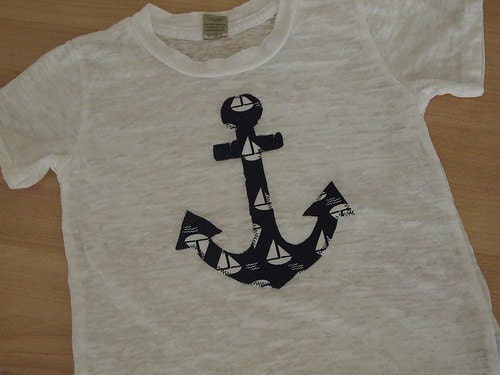 Nautical Children's Tee Anchor in Sailboat print Boat Tee on White Burnout Boys Navy and white