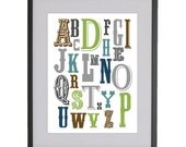 11x14 Lime Green, Chocolate Brown and Navy Blue Vintage Alphabet Nursery Art Print by Jayna Denbow