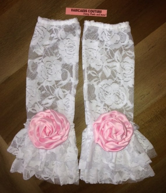 Footless White Lace Ruffle Leggings with Pink Ballet Rosettes Fabulous Spring, Easter, Summer, Birthday, Cake Smash Photo Session Prop