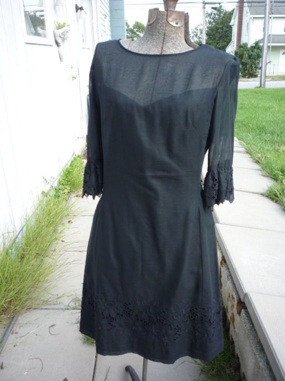 1960s Sheer Black Dress with Ruffle and Lace Details 36" Bust