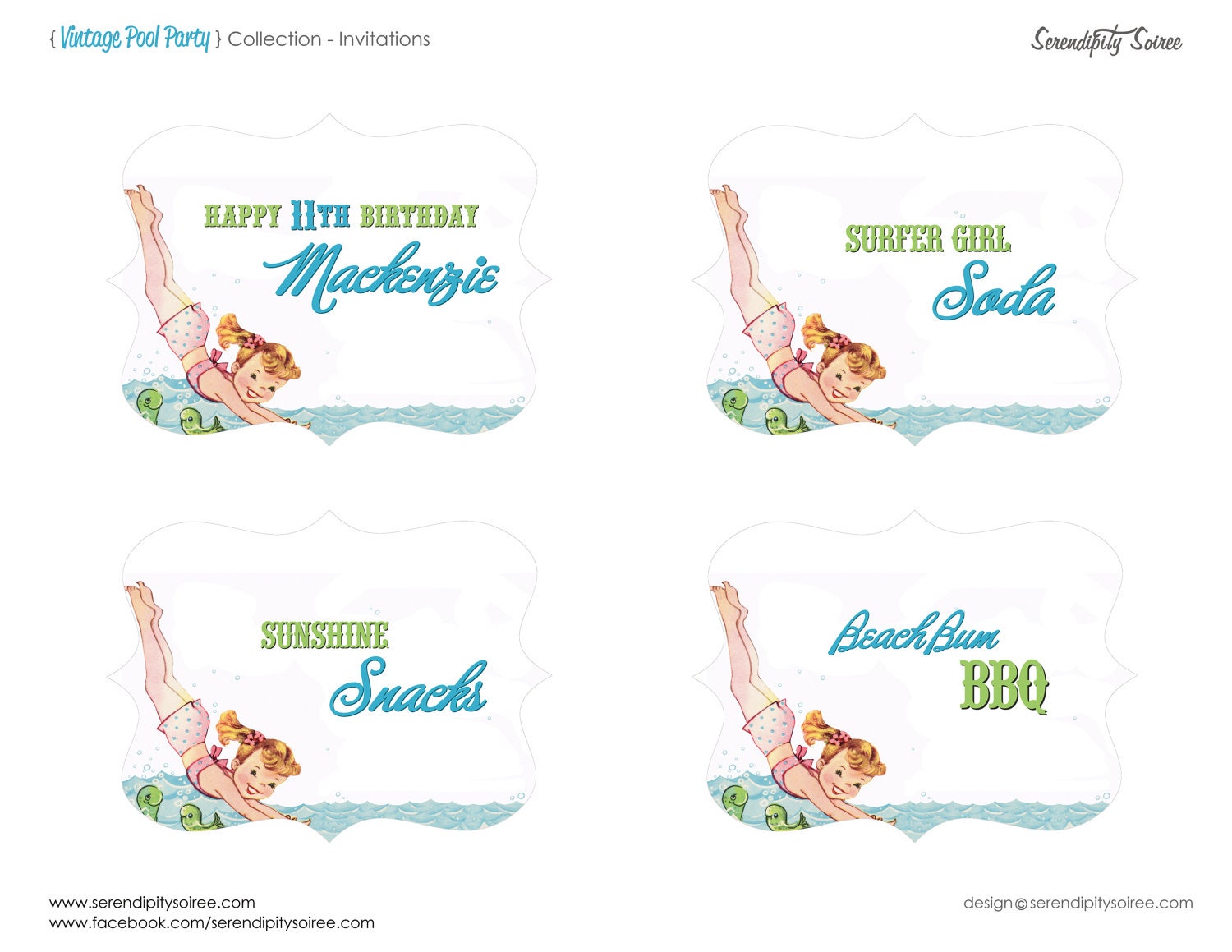 Vintage Pool Party- Custom Printable dessert (large) cards- Beach Party, Swimming Party, Pool Party, itsy bitsy teeny weeny Il_570xn