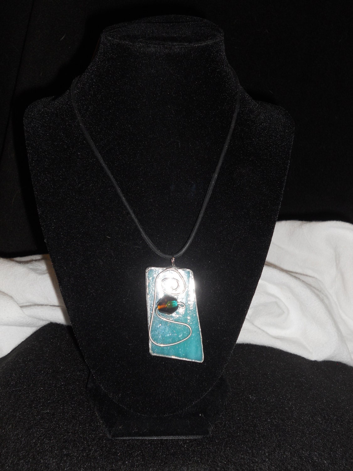 Aqua Stained Glass Pendant Beaded Wire Accent Necklace
