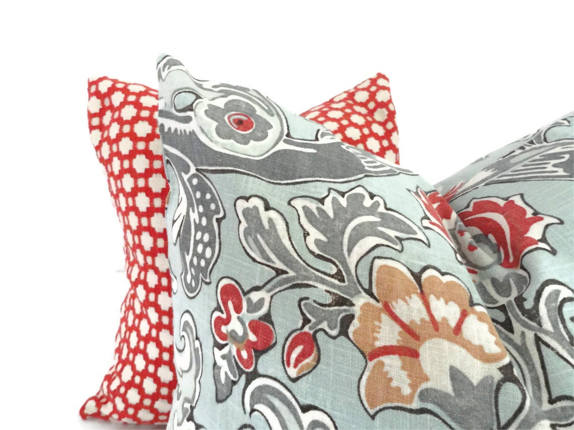 Kravet Lutron Blue, Gray, Red and Gold Decorative Pillow Cover 18x18, 20x20, 22x22 or Lumbar pillow, Accent Pillow, Throw Pillows