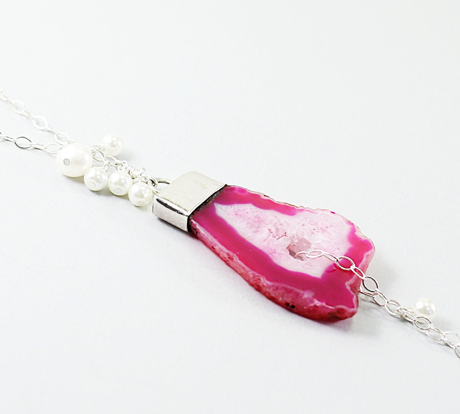 Agate druzy necklace: silver geode jewelry, pink agate necklace, sterling silver pearls necklace, drusy fashion