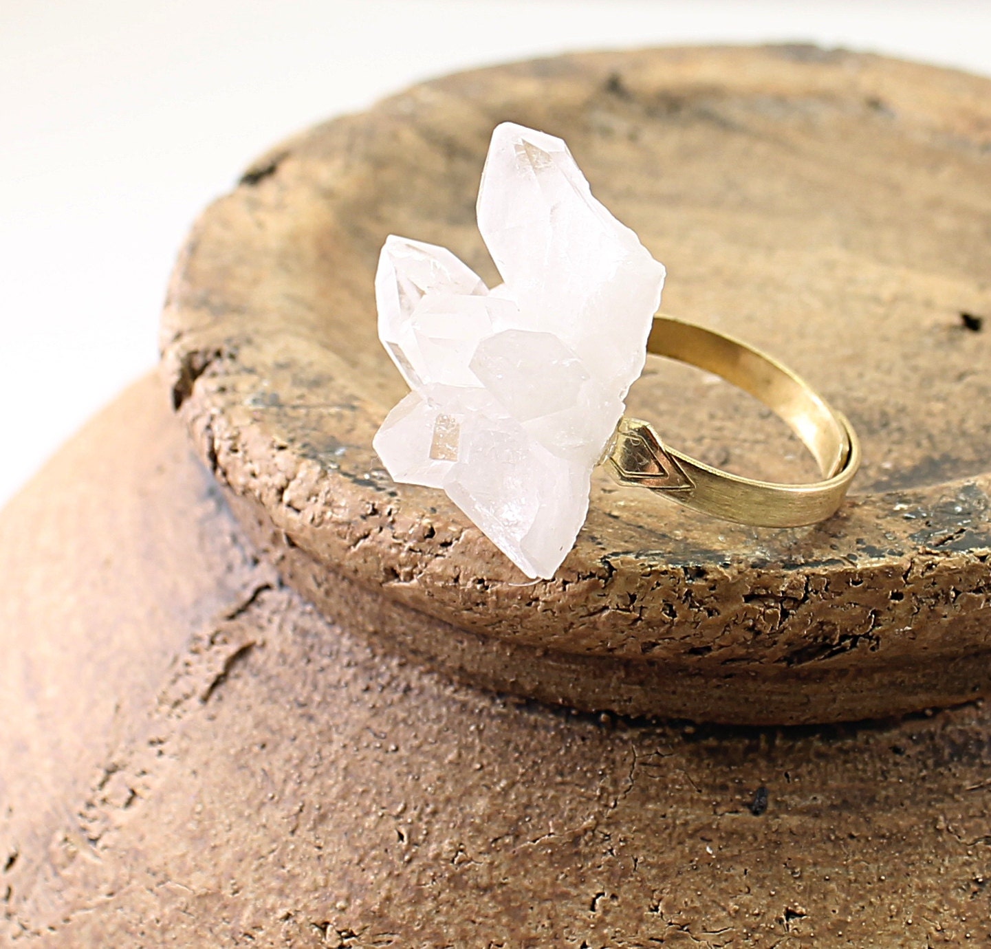 Quartz ring: clear crystal cluster ring, natural stone adjustable ring, gold tone brass handmade jewelry winter