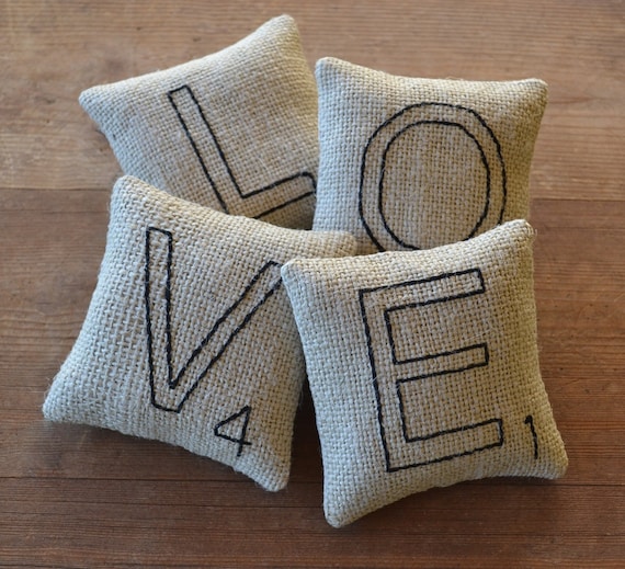 Scrabble Letter LOVE Pillows - Bowl Fillers - Tucks - Ornies - Burlap - Valentines Day - Wedding - Home Decor - Black Ticking