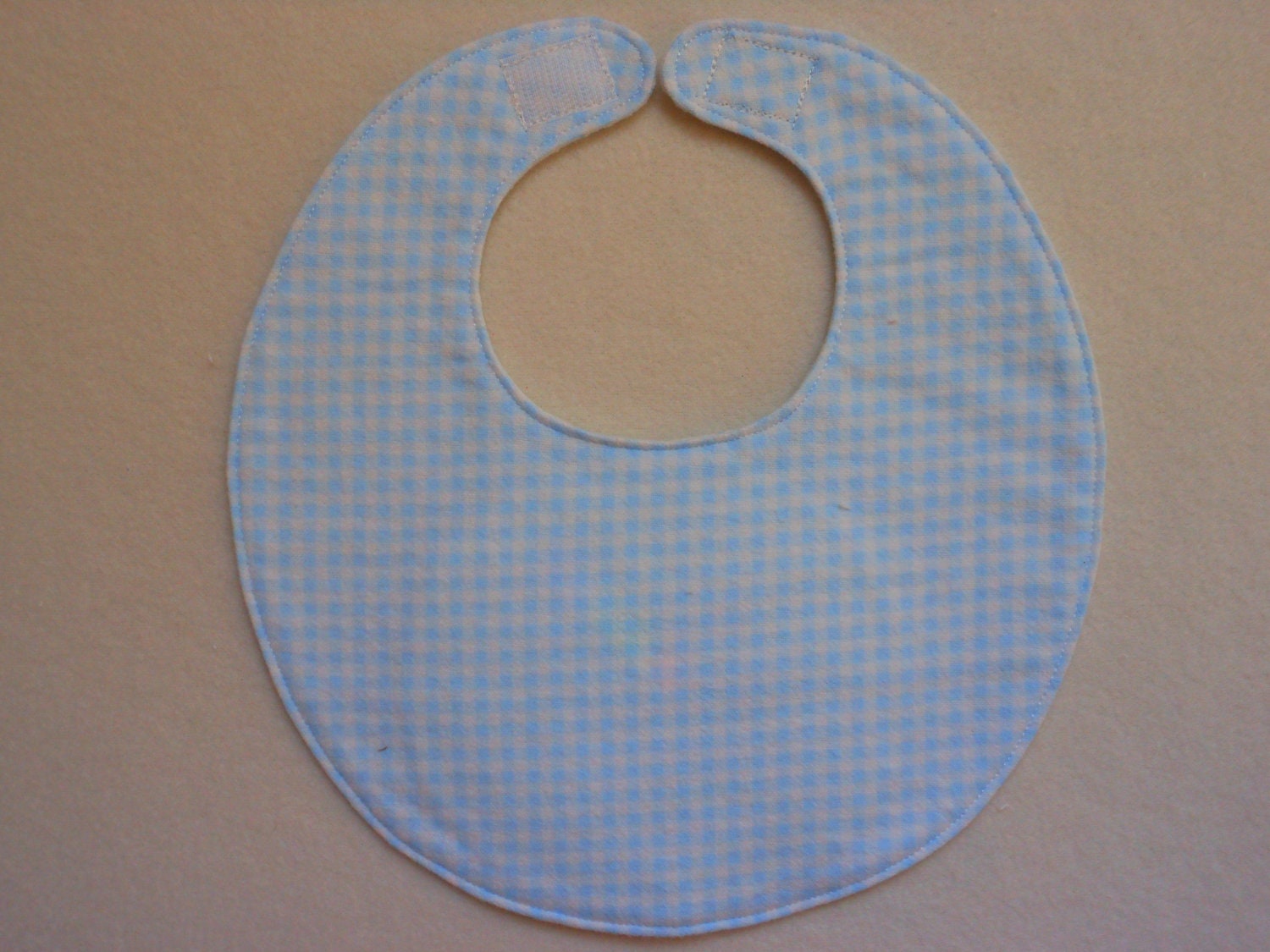 Baby bib, four soft layers, reversible, blue and white gingham