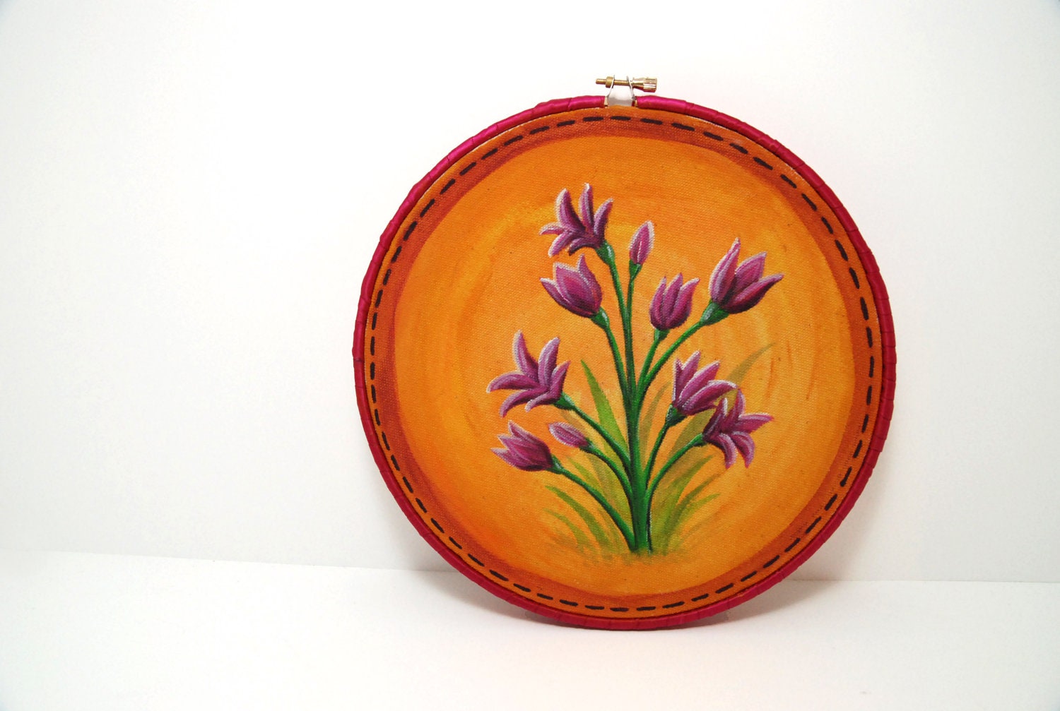 Embroidery Hoop Acrylic Painting of Magenta Flowers