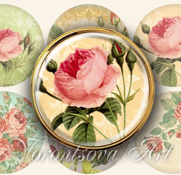 Printable image VINTAGE ROSES 2.5 inch circles digital collage sheet for pocket mirrors, magnets, cupcake toppers, scrapbook v86008