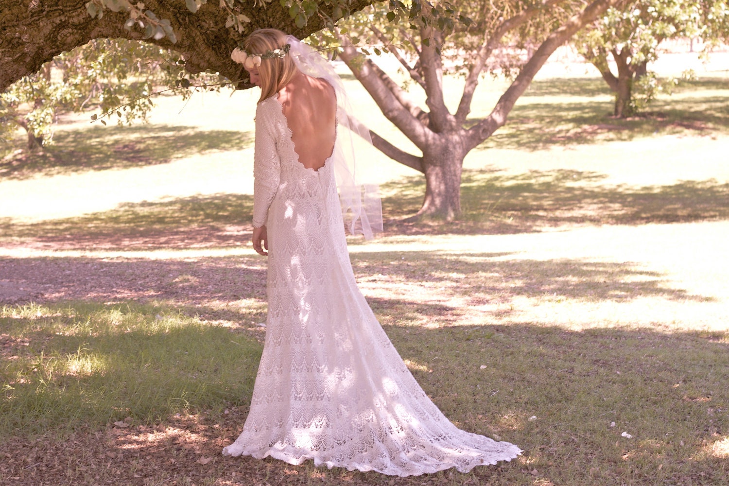 Vintage Wedding Dress Backless Crochet Lace Long Sleeved Bohemian - "Lola"