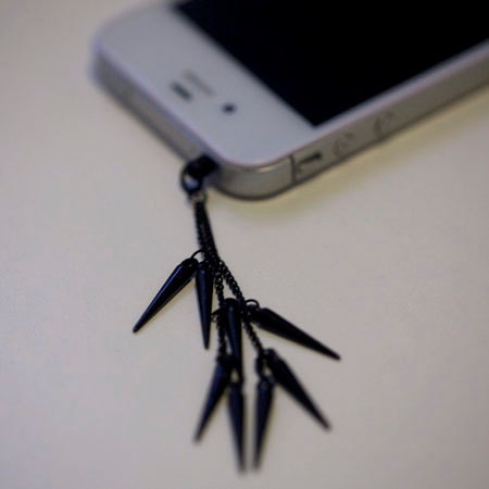 Elegant BLACK SPIKES Iphone Earphone Plug/Dust Plug - Cellphone Headphone Handmade Decorations