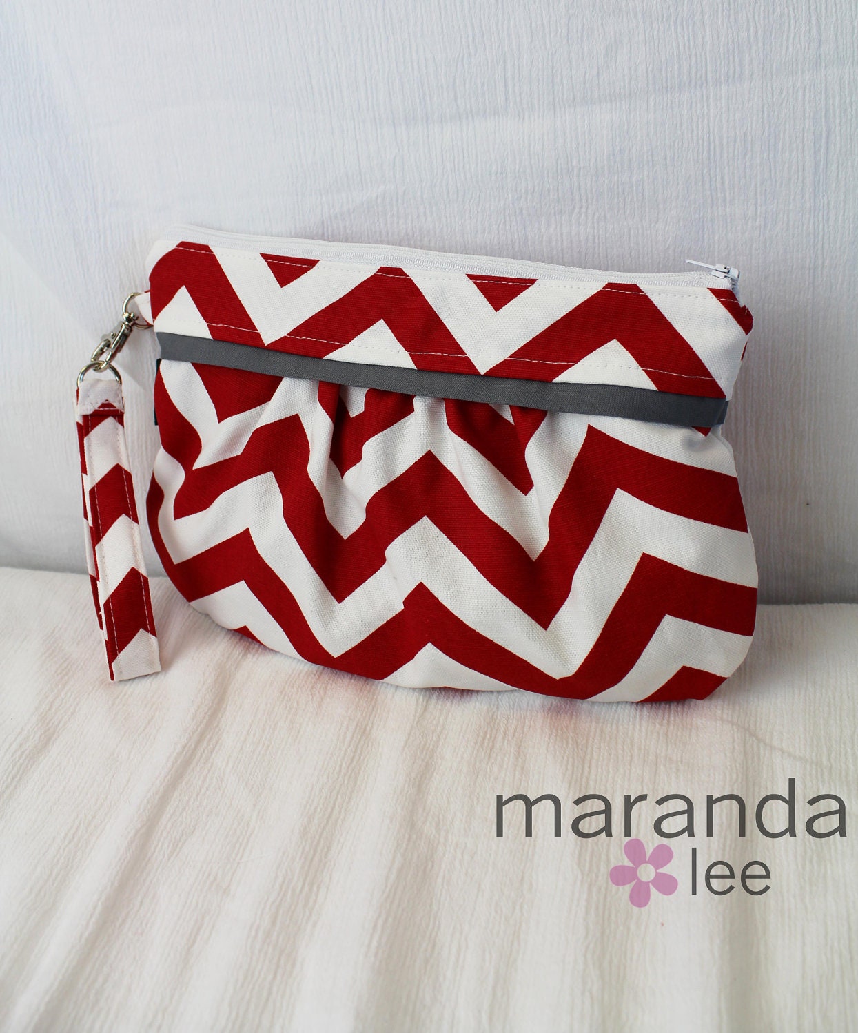 Chevron Clutch - Zippered Wristlet in Red Chevron and Gray Clutch WITH detachable strap - Or Zippered Wallet Diaper clutch