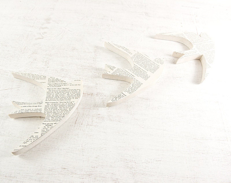 Set Of Three Wall Mounted Wooden Swallows. Upcycled Book Pages.
