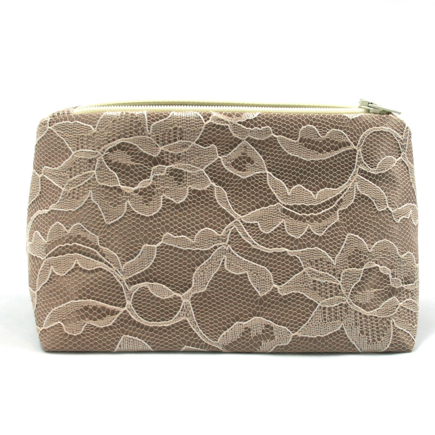 Bridesmaid Gift Vintage Latte Brown / Light Brown & Vintage Cream Lace Cosmetic Bag - Bride Clutch, Bridesmaid Gift  - Vintage Wedding