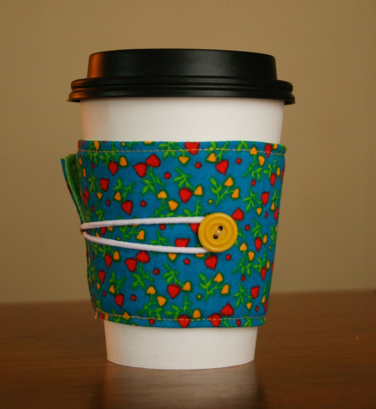 reusable coffee cozy sleeve- vintage teal mini floral