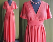 Vintage 1970s Coral Maxi Bridesmaid Party Dress with Lace Details Size 8 to 10 Medium